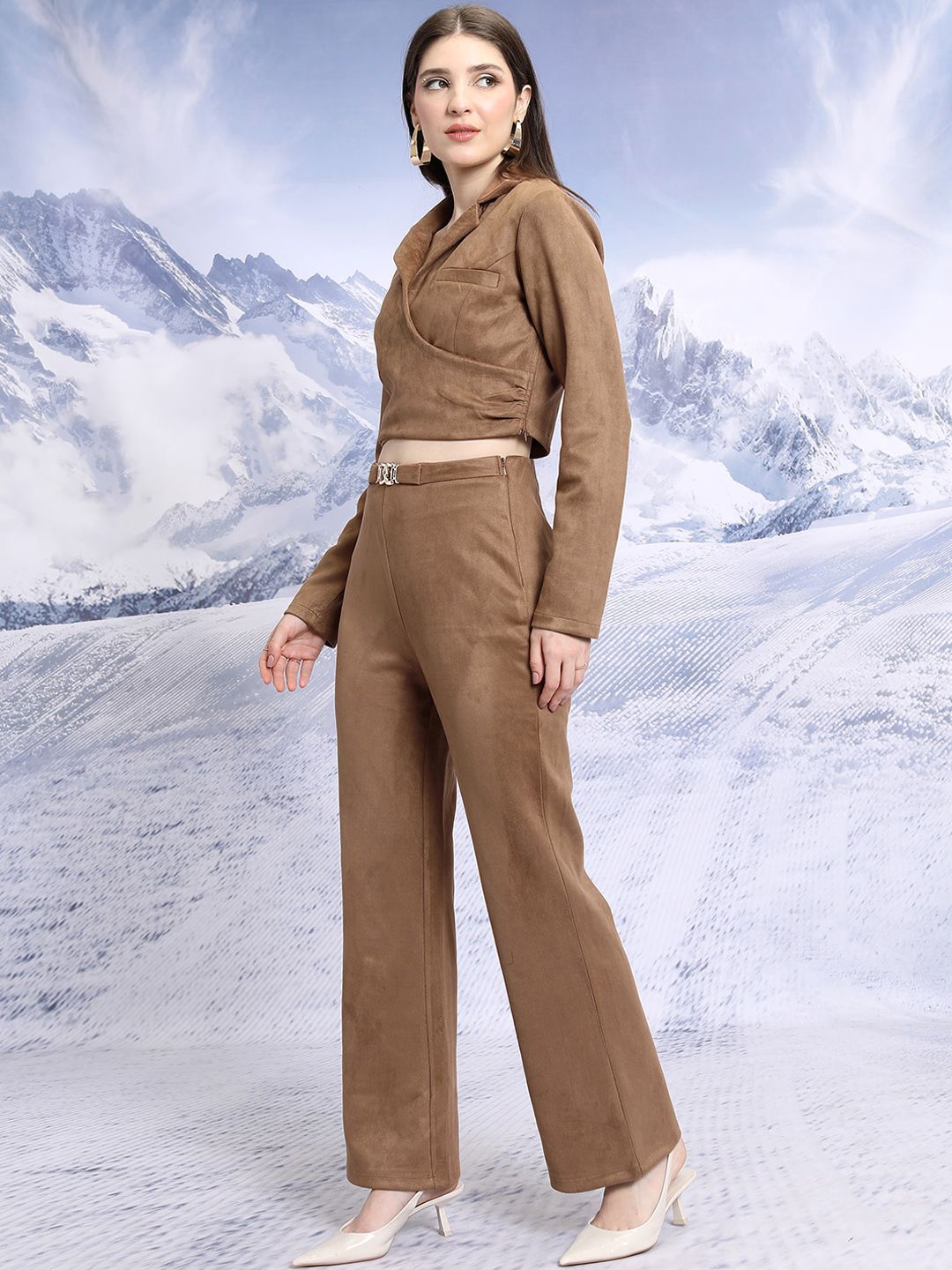 Tokyo Talkies Notched Lapel Collar Suede Crop Top With Trousers