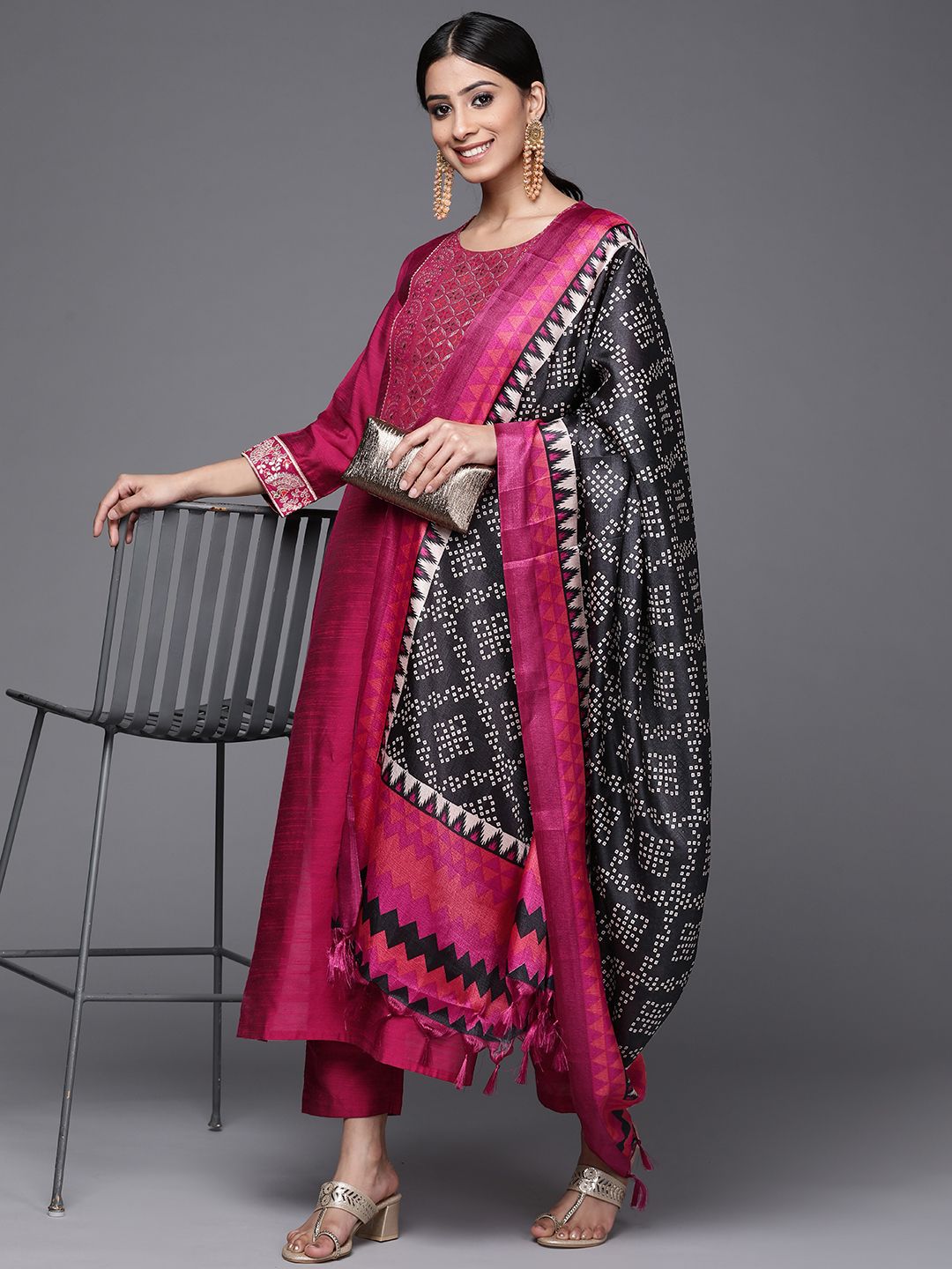 Varanga Brocade Yoke with Gota Detail Kurta with Trouser with Bandhani Printed Dupatta