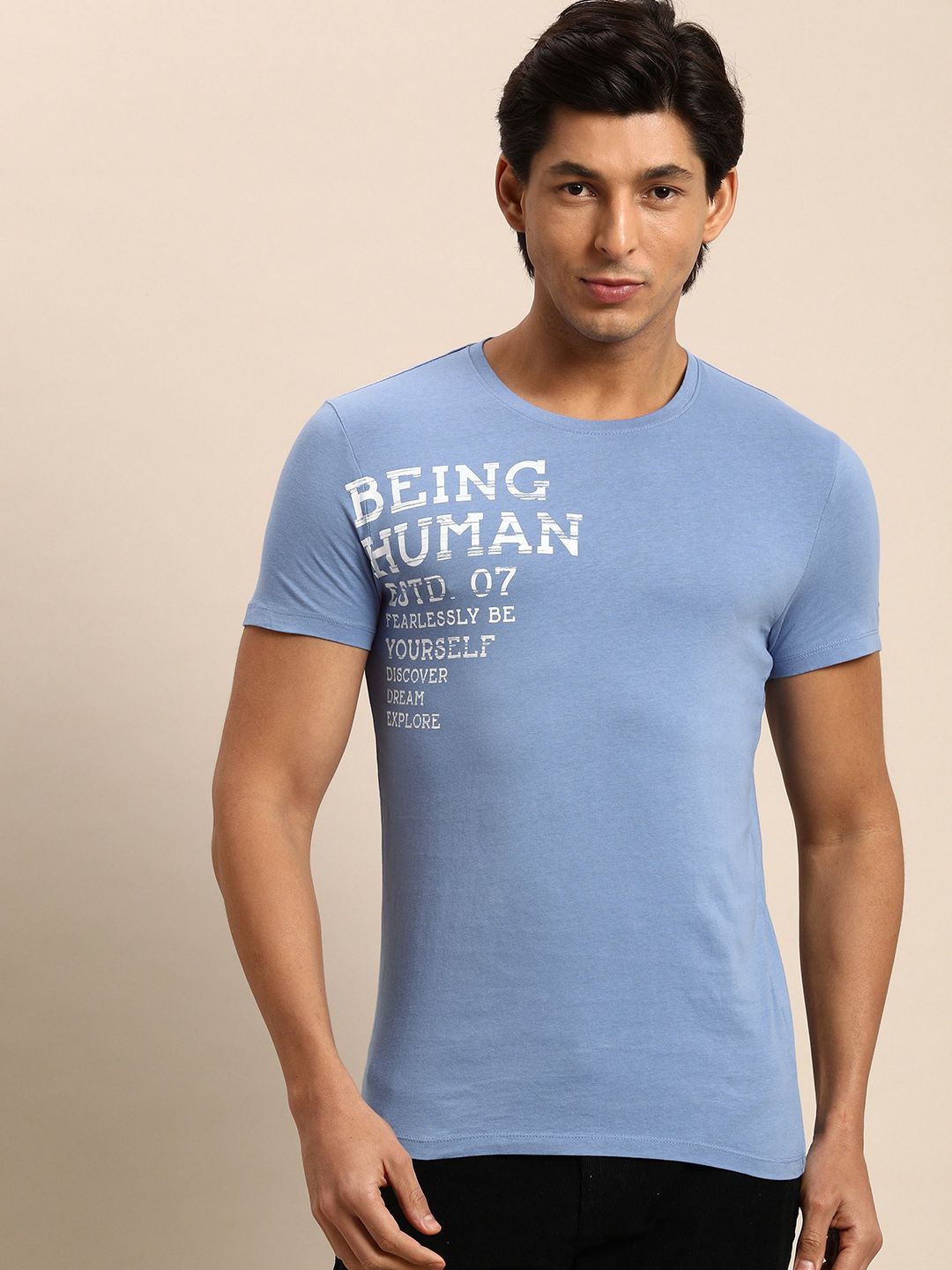 Being Human Men Blue Typography Printed Pure Cotton T-shirt