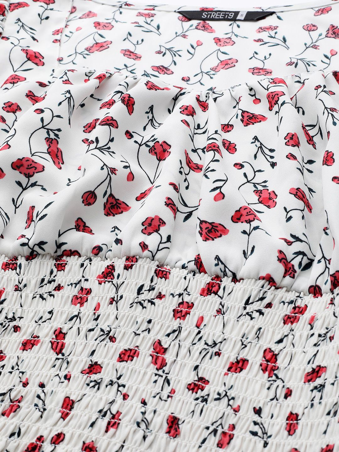 STREET 9 White Floral Printed Puff Sleeves Crepe Top