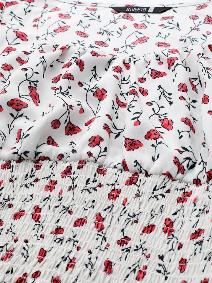 STREET 9 White Floral Printed Puff Sleeves Crepe Top