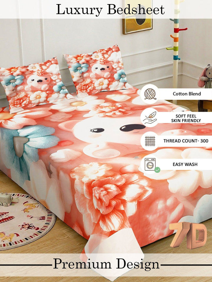 Myntra Elegant Orange Kartun Bercetak 400 TC King 7D Cadar & 2 Sarung Bantal 250X225 cm