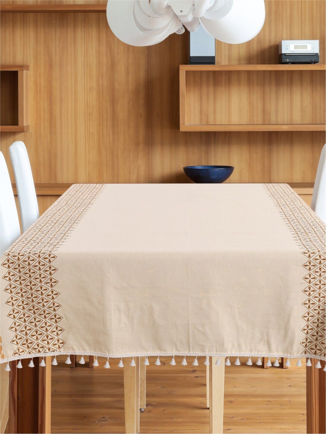 URBAN SPACE Cream-Colored Printed Pure Cotton 4-Seater Table Cover