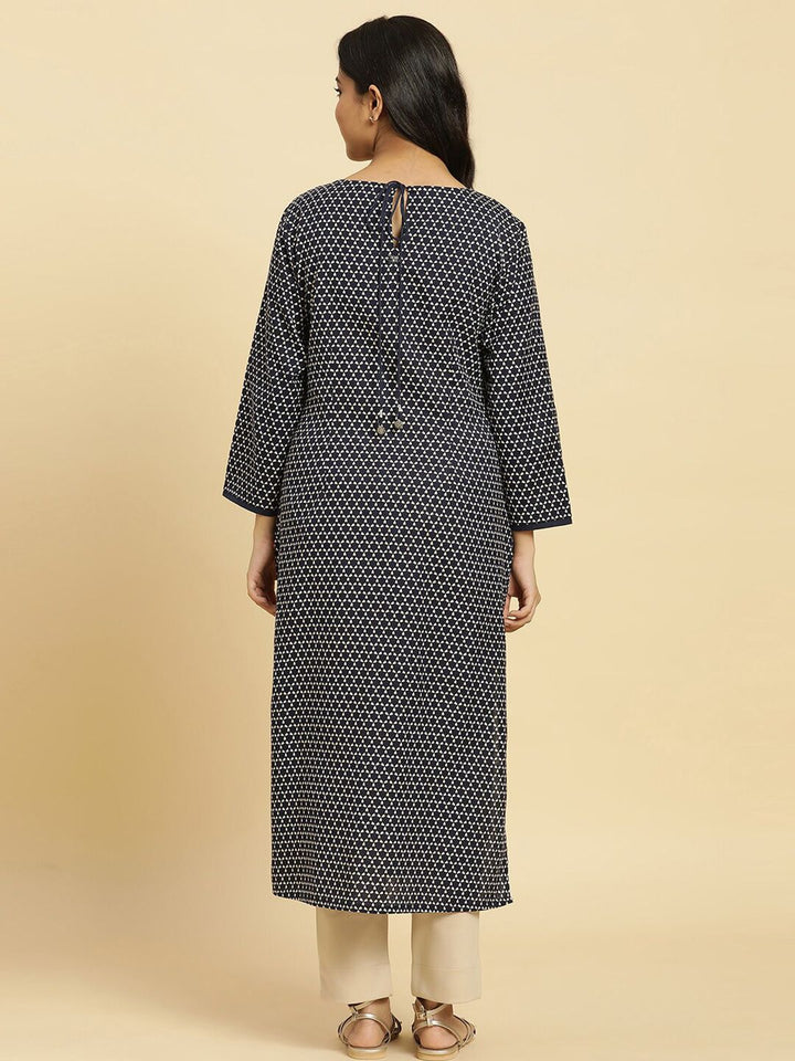 W Geometric Printed Yoke Design V neck Straight Kurta
