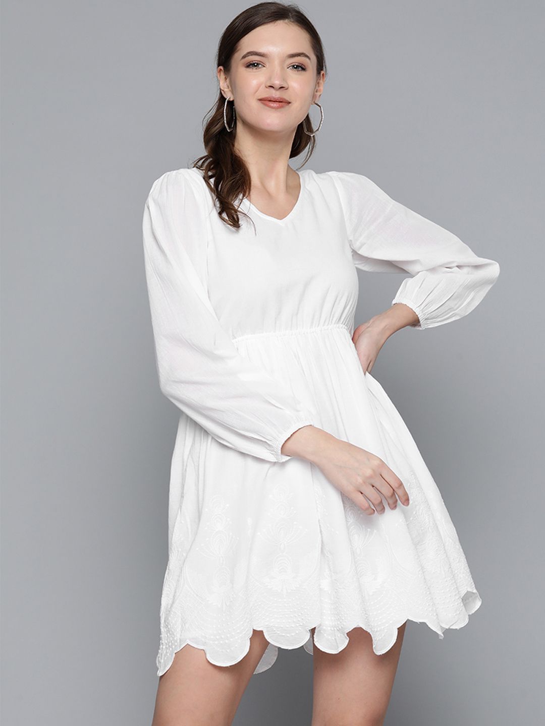 SASSAFRAS White Pure Cotton Solid A-Line Dress