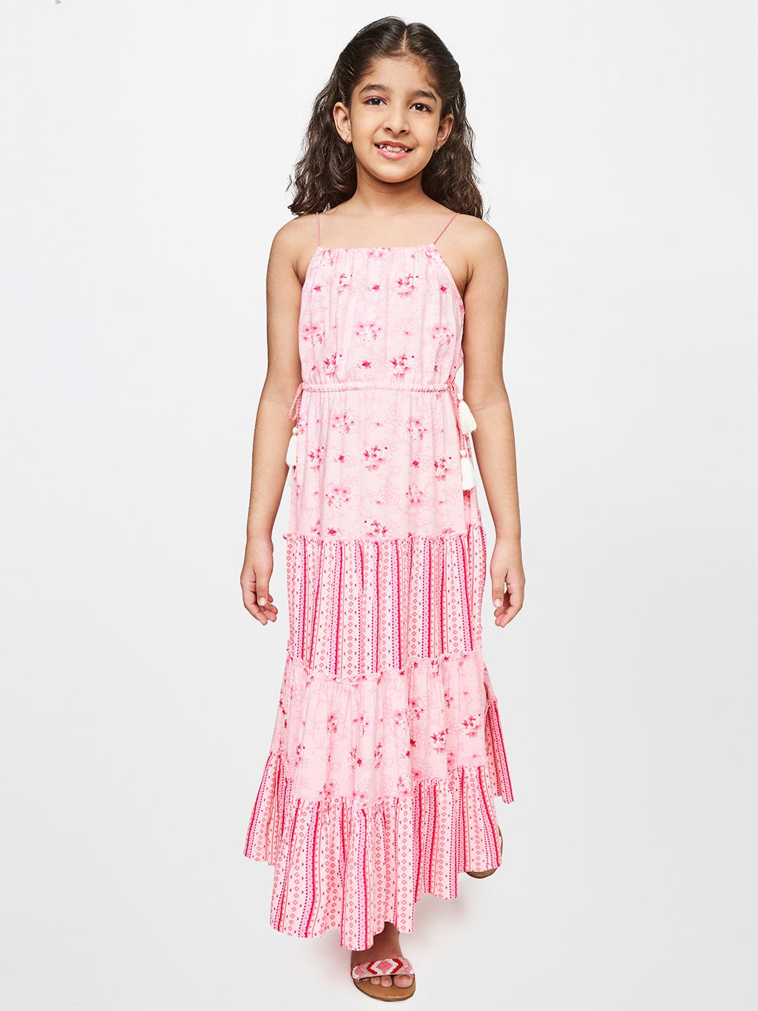 Global Desi Pink & White Floral A-Line Maxi Dress