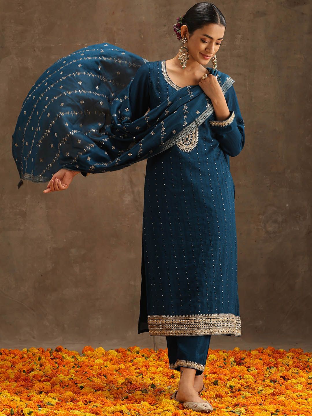 Libas Teal & Gold-Toned Ethnic Motifs Embroidered Sequined Kurta with Trousers & Dupatta