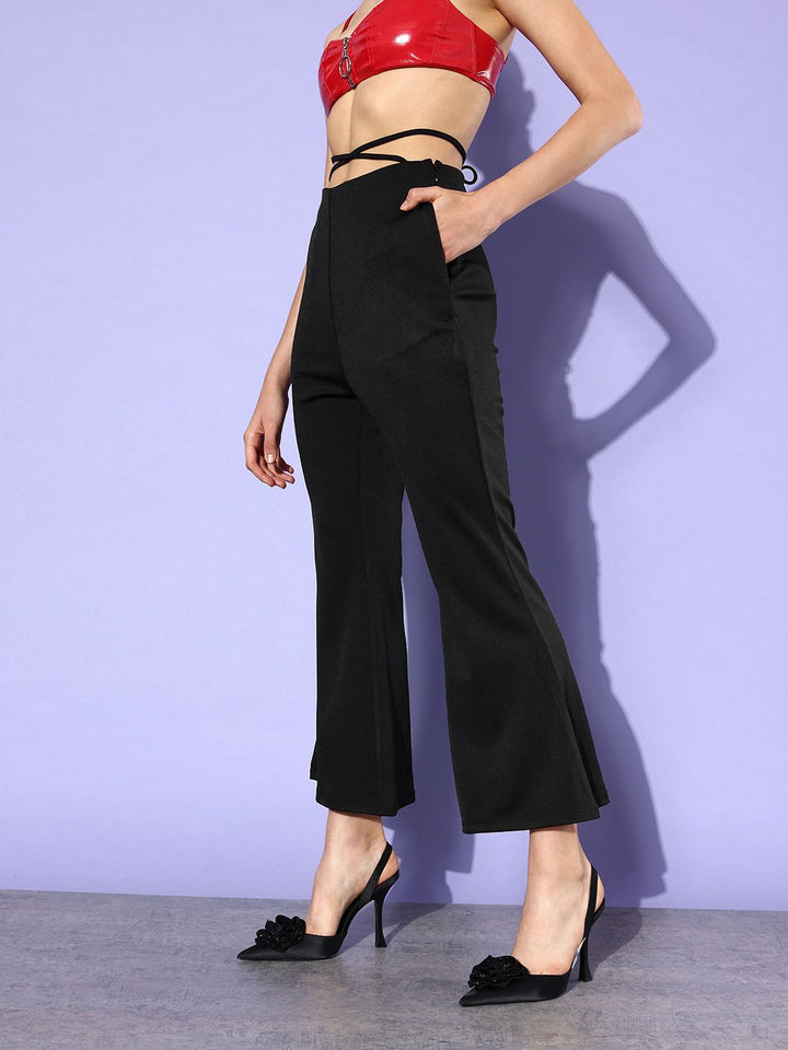 Dressberry Women Jet Black Waist Tie-Up Detail Hardware Trousers