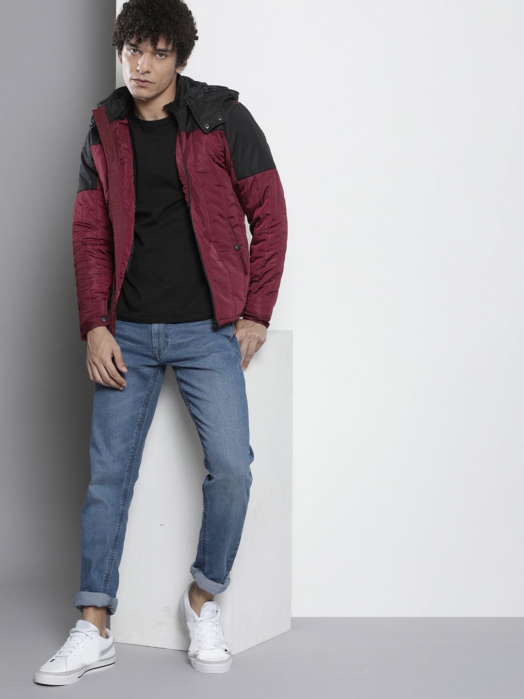 The Indian Garage Co Men Pink Black Colourblocked Padded Jacket
