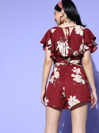 Berrylush Women Charming Maroon Printed Top with Shorts
