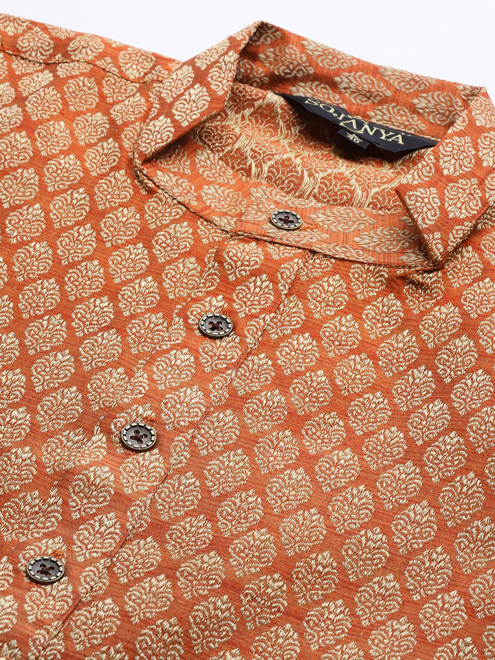 SOJANYA Men Rust Orange & Beige Jacquard Ethnic Motifs Woven Design Straight Kurta