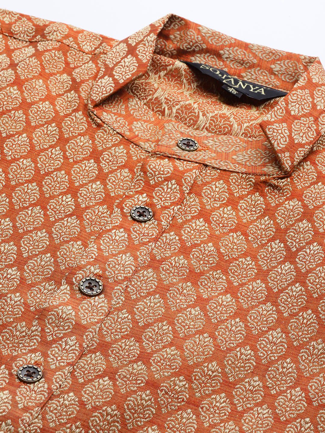 SOJANYA Men Rust Orange & Beige Jacquard Ethnic Motifs Woven Design Straight Kurta