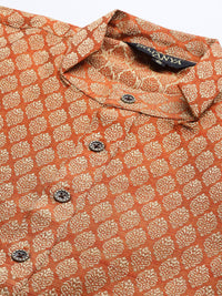 SOJANYA Men Rust Orange & Beige Jacquard Ethnic Motifs Woven Design Straight Kurta