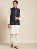 SOJANYA Men Cream-Coloured Chikankari Pure Cotton Kurta with Churidar & Nehru Jacket