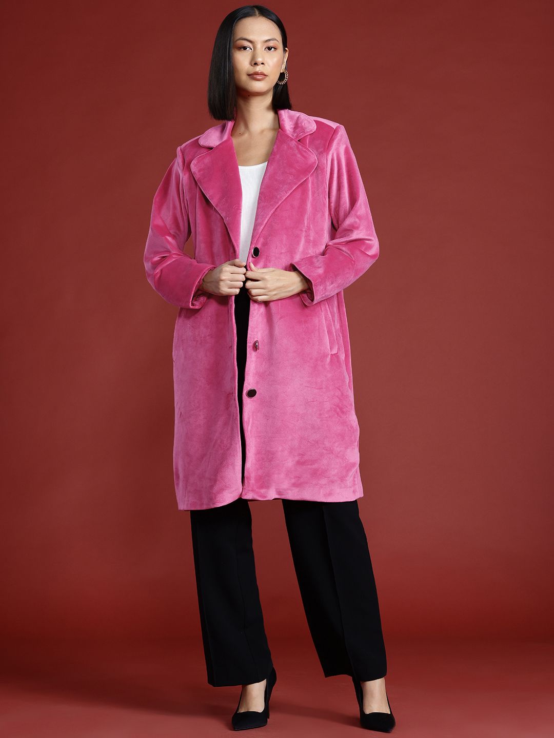 all about you Notched Lapel Collar Velvet Finish Overcoat