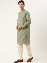 SOJANYA Men Green & Pink Ethnic Motifs Kurta with Churidar & Nehru Jacket