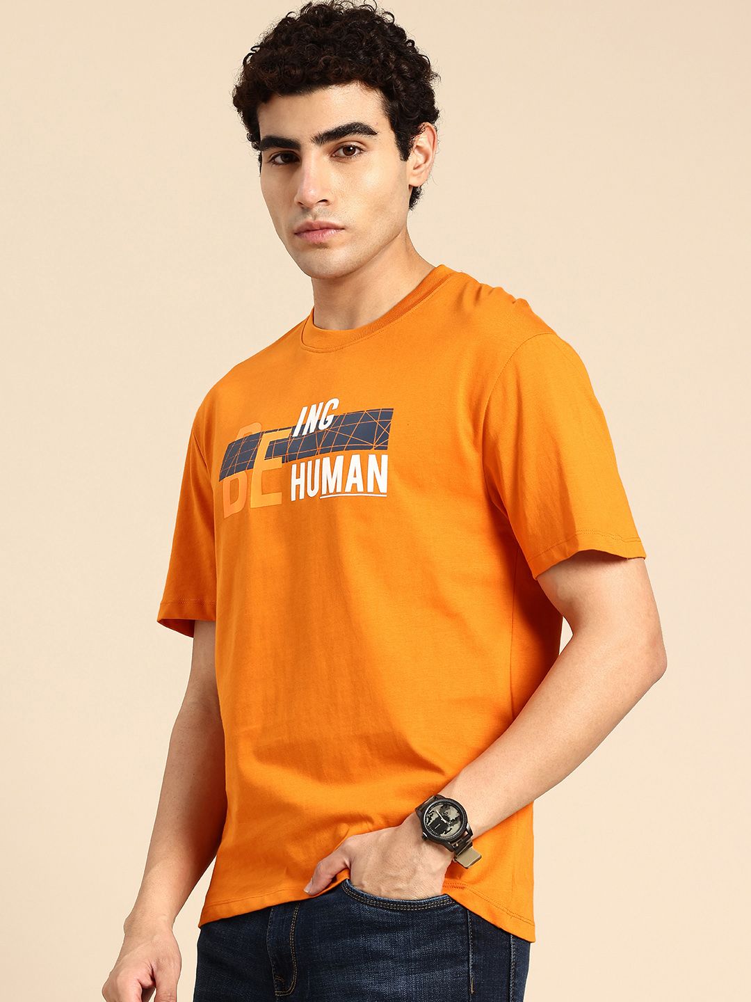 Being Human Brand Logo Printed Drop-Shoulder Sleeves Pure Cotton Easy Fit T-shirt
