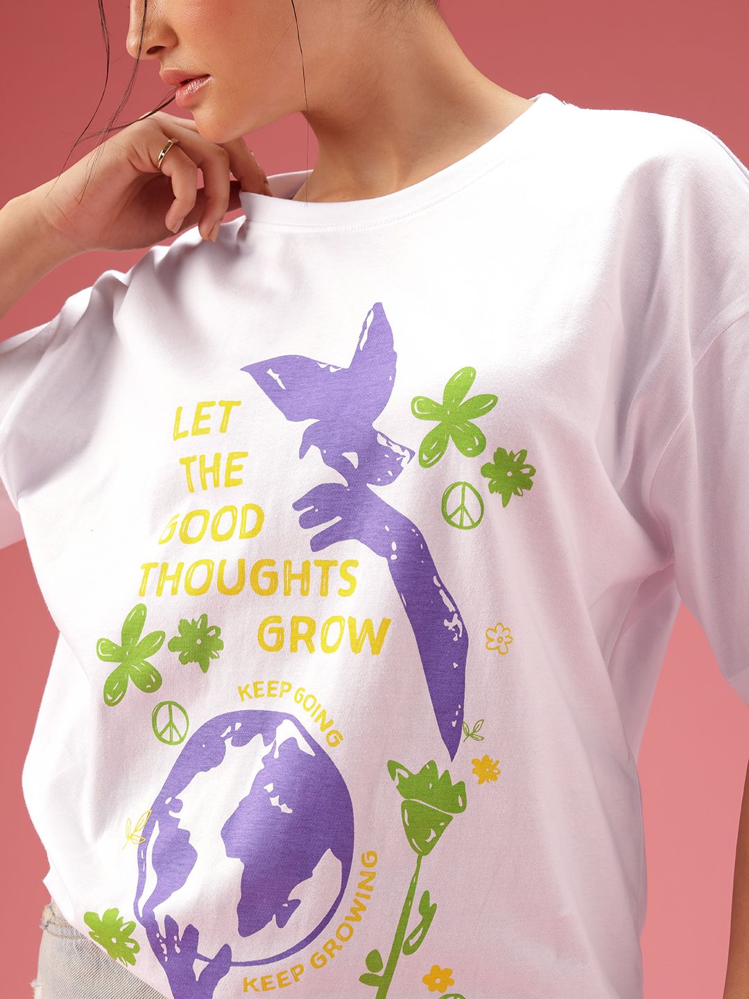 DressBerry Printed Drop-Shoulder Sleeves Oversized Pure Cotton T-shirt