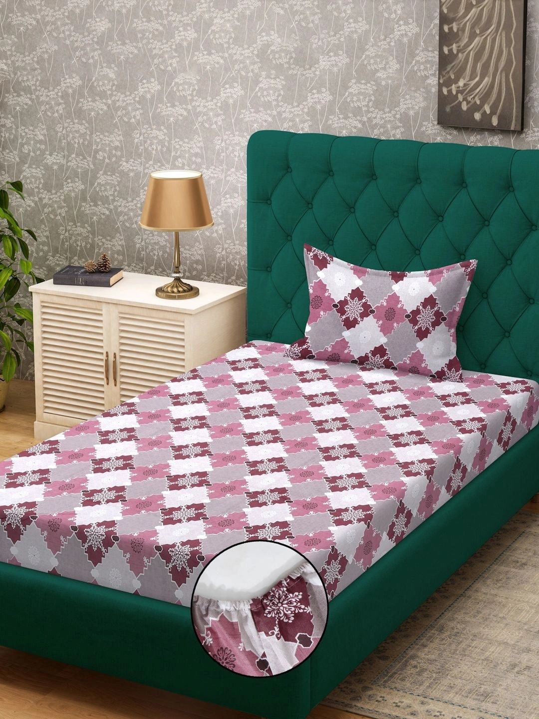 Myntra Elegant Homes Pink & White Geometric 400 TC Single Bedsheet with 1 Pillow Covers