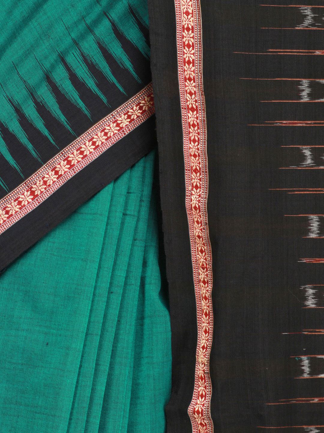 Exotic India Green & Black Temple Border Sambhalpuri Saree with Ikat Weave Pallu