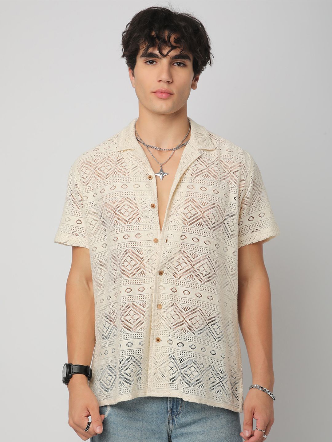 VASTRADO Men Classic Cuban Collar Ethnic Motifs Cotton Oversized Casual Shirt