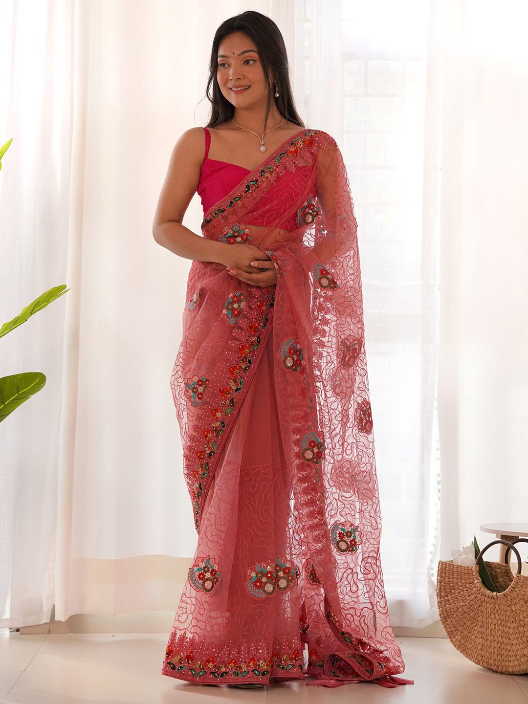 Saree mall Floral Embroidered Beads and Stones Net Sarees