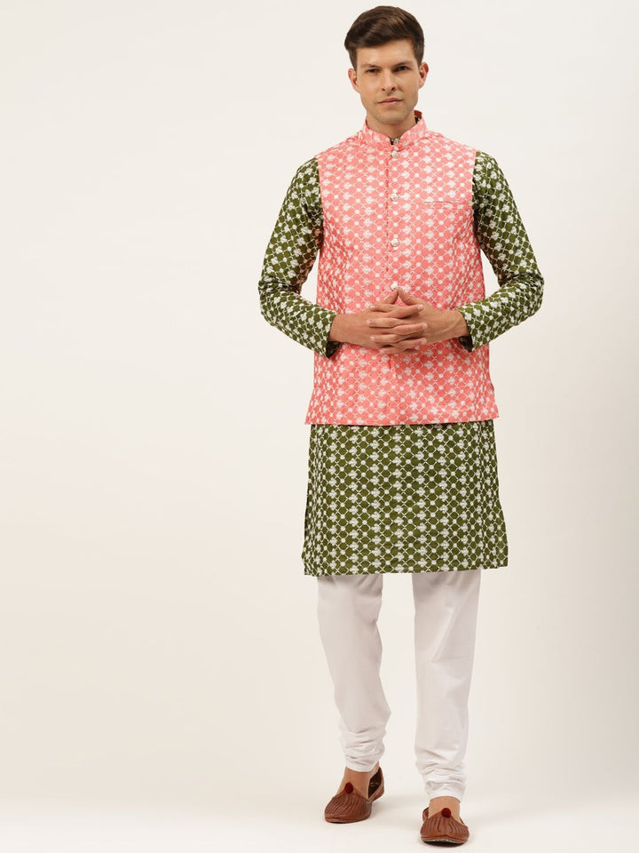 SOJANYA Men Green Ethnic Motifs Embroidered Thread Work Kurta with Churidar