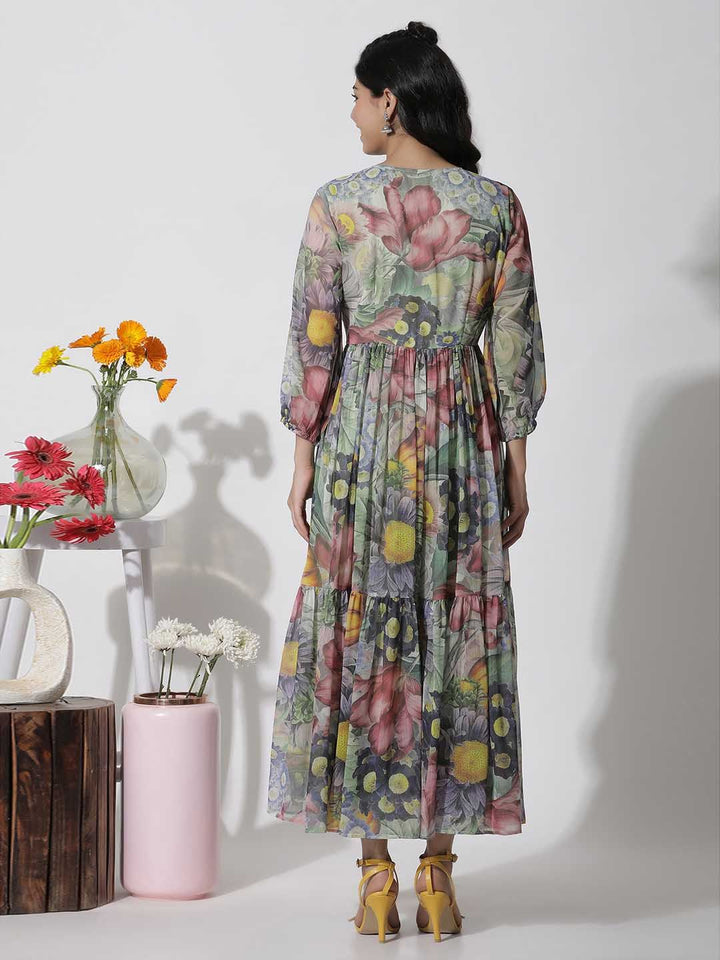 W Floral Print V-Neck Bell Sleeves A-Line Maxi Dress