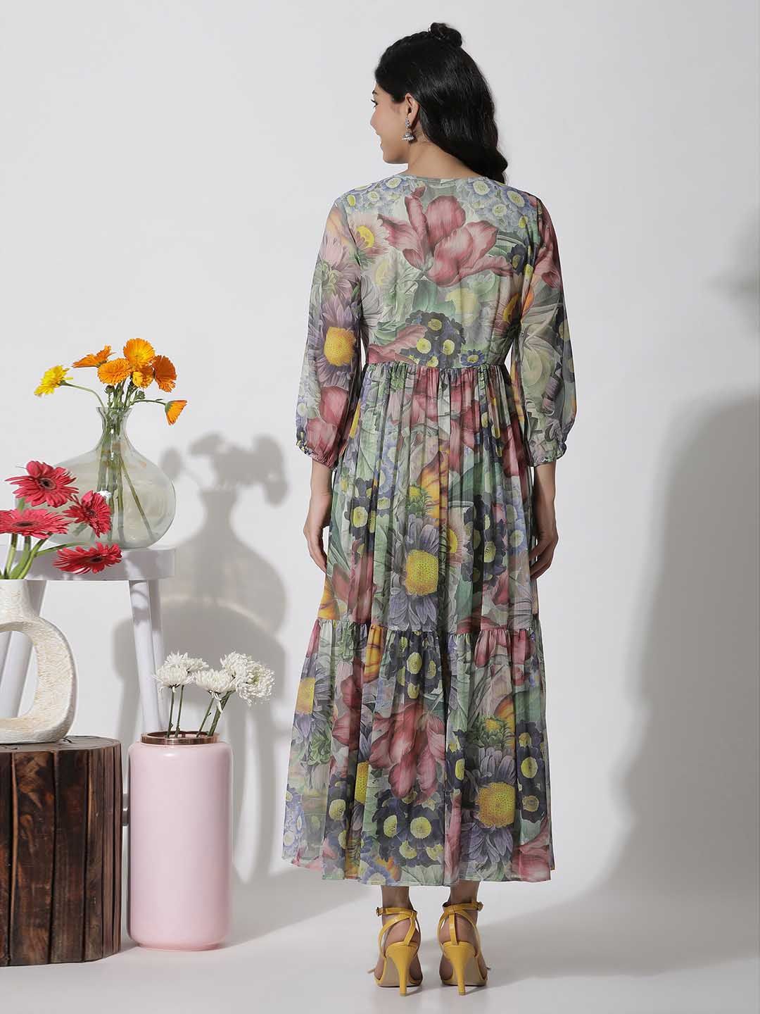 W Floral Print V-Neck Bell Sleeves A-Line Maxi Dress