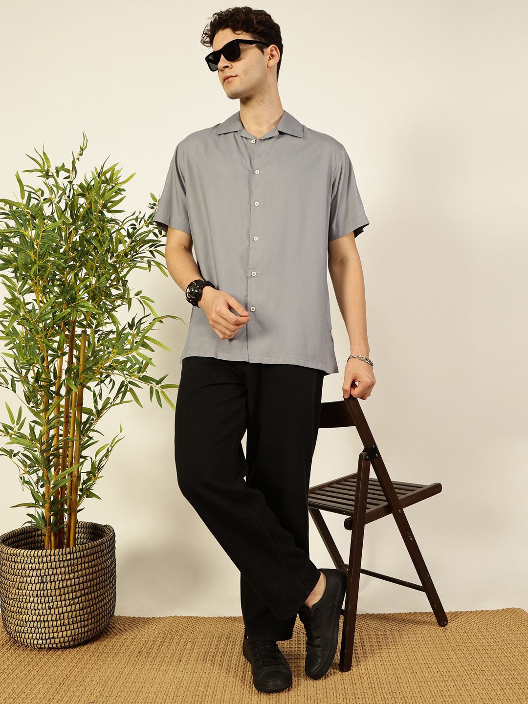 Thomas Scott Men Premium Cuban Collar Solid Oversized Casual Shirt