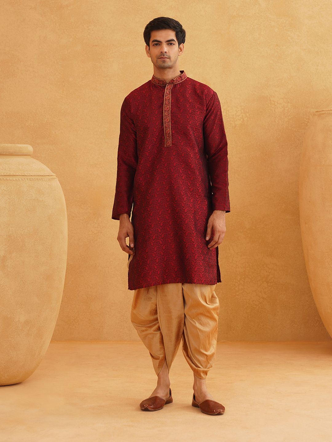 SOJANYA Men Maroon & Gold-Toned Self Design Kurta with Dhoti Pants