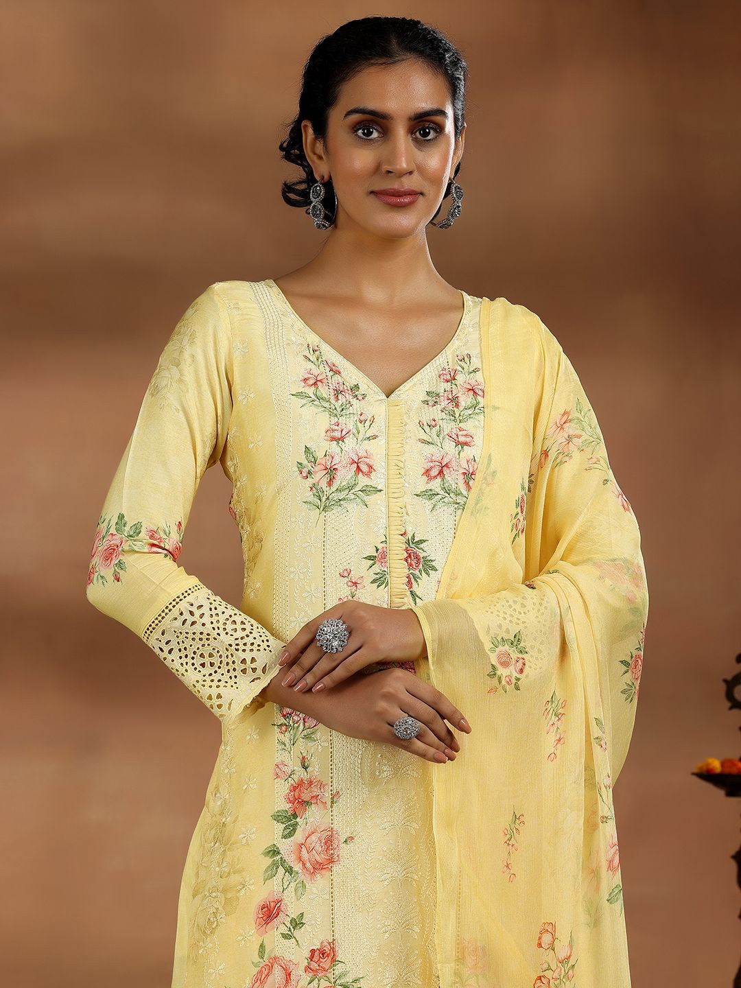 Libas Floral Printed Thread Work Straight Kurta With Trousers & Dupatta