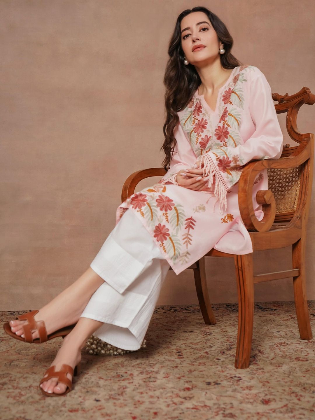 HOUSE OF KARI Floral Printed Thread Work Cotton Straight Kurta