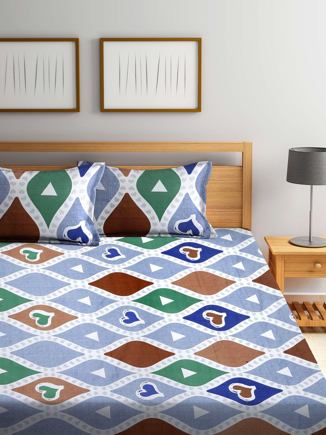 KLOTTHE Blue Geometric Cotton 300 TC King Fine Bedsheet with 2 Pillow Covers-250 x 220 cm