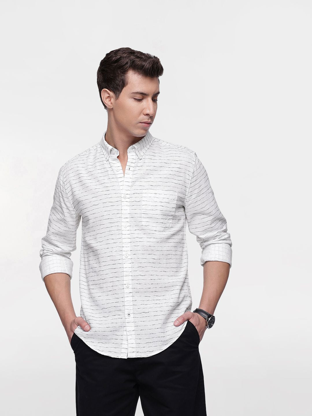 French Connection Linen Cotton Self Design Slim Fit Opaque Casual Shirt