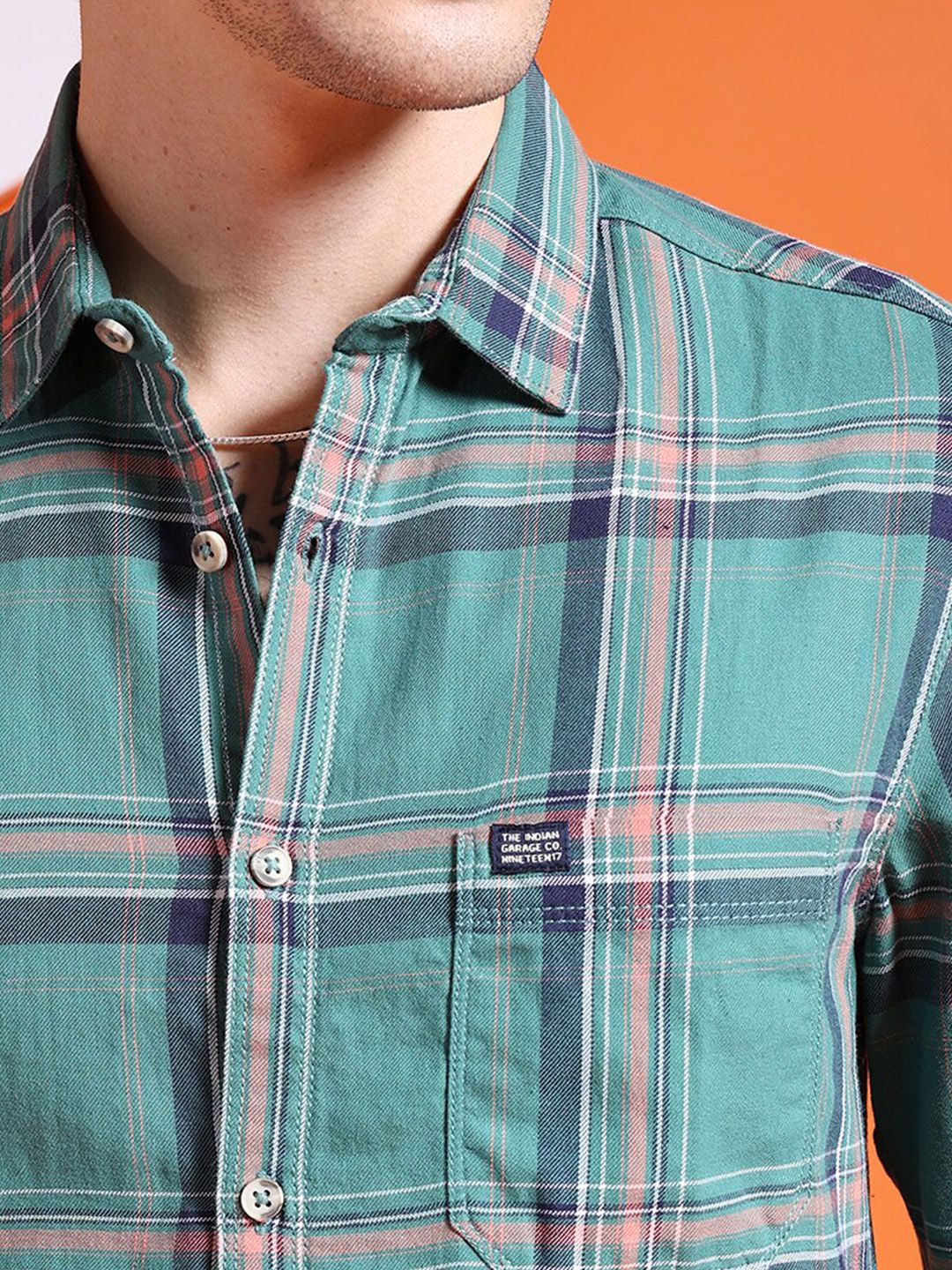 The Indian Garage Co Olive Green Slim Fit Checked Spread Collar Cotton Casual Shirt
