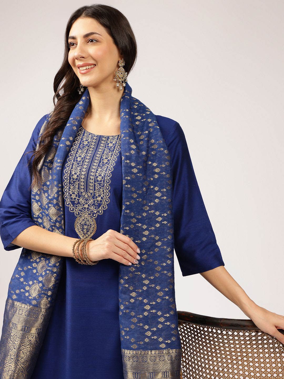 Anouk Blue Floral Embroidered Straight Kurta with Trousers & Dupatta