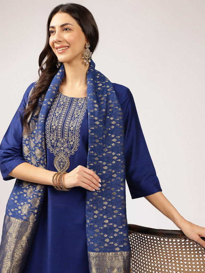 Anouk Blue Floral Embroidered Straight Kurta with Trousers & Dupatta