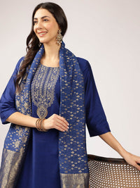 Anouk Blue Floral Embroidered Straight Kurta with Trousers & Dupatta