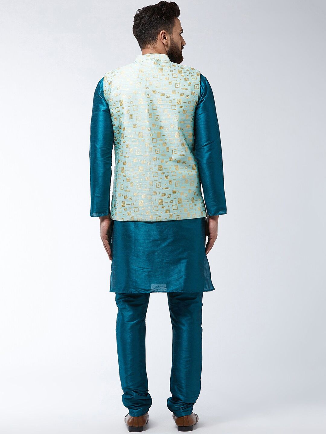 SOJANYA Mandarin Collar Straight Kurta with Churidar with Printed Nehru Jacket