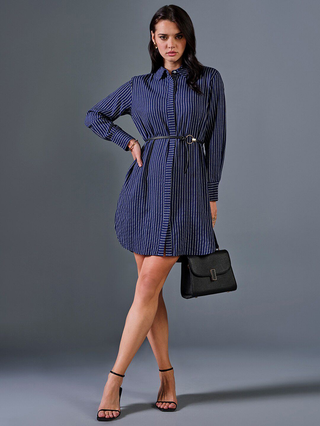 AND Striped Shirt Collar Linen Shirt Dress