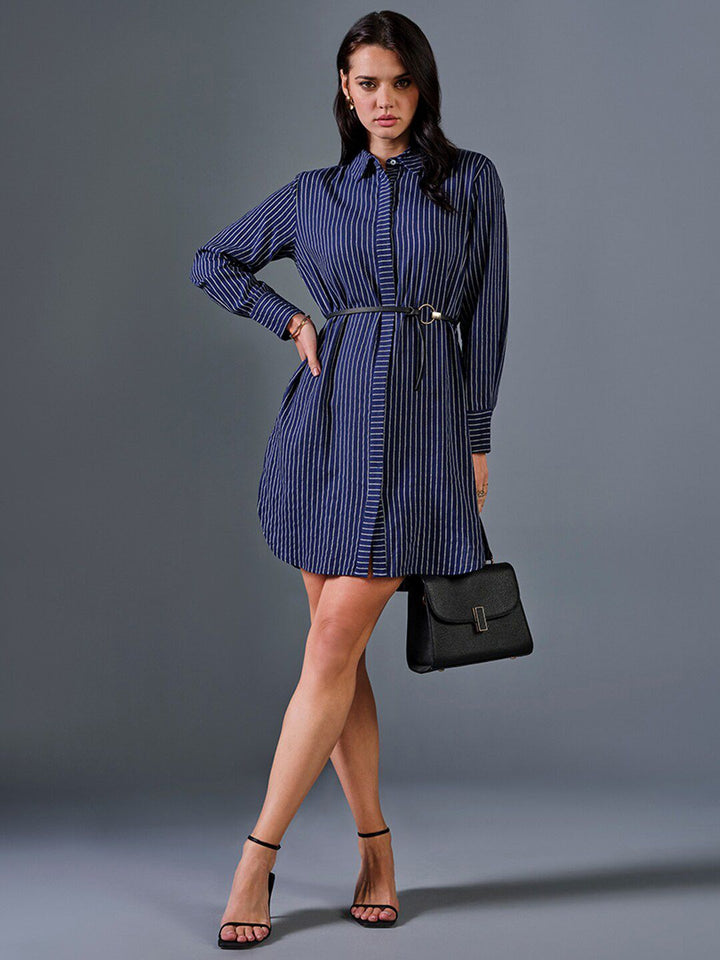 AND Striped Shirt Collar Linen Shirt Dress