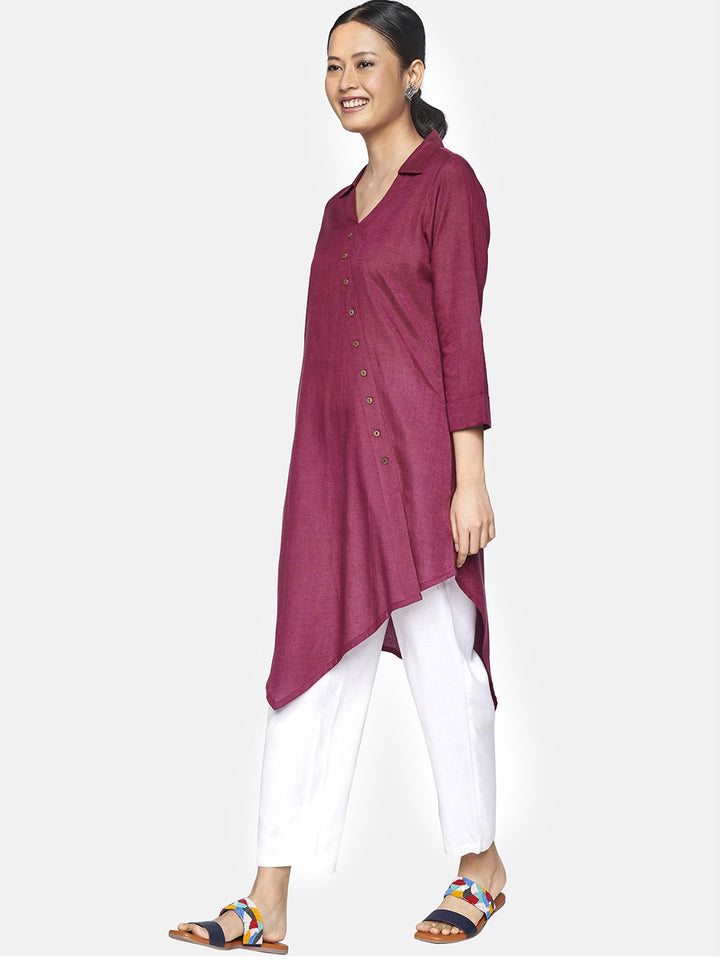 Global Desi Burgundy Viscose Rayon Shirt Collar Tunic with Button Detailing