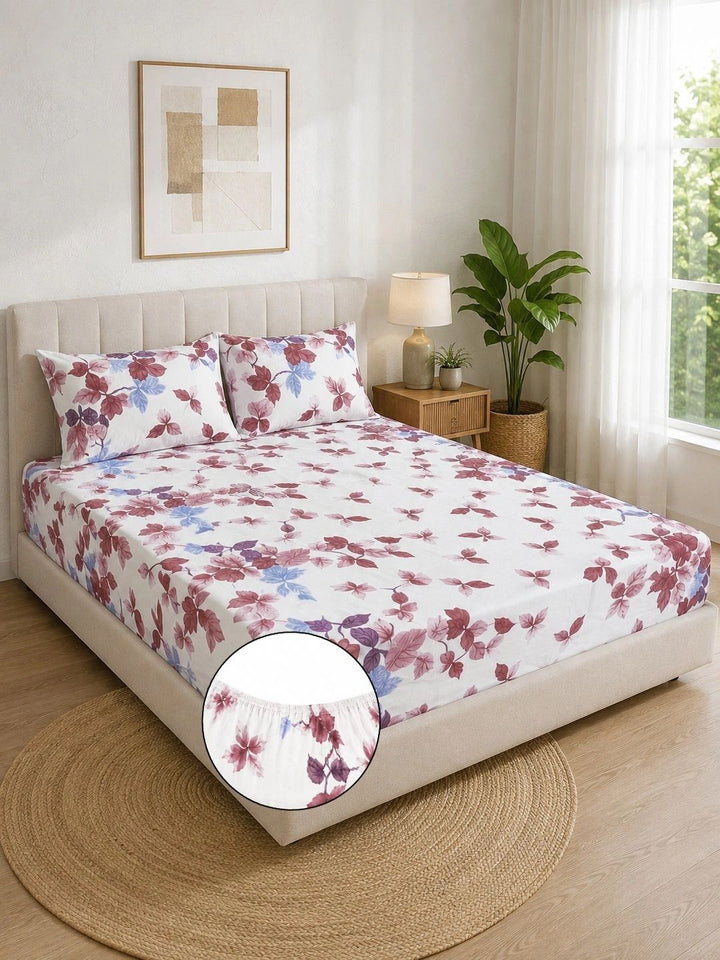 Myntra Elegant Homes Berwarna Krim & Bunga Merah Jambu Cadar King 300 TC dengan 2 Sarung Bantal