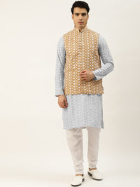 SOJANYA Kurta Bersulam Chikankari Kelabu Lelaki dengan Jaket Churidar & Nehru
