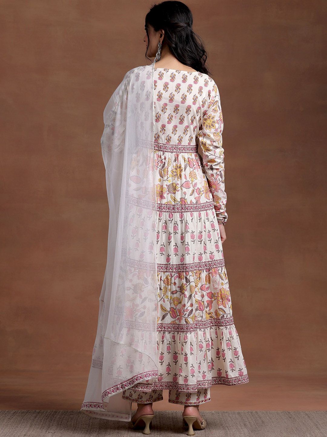 Libas Floral Printed Tiered Mirror Work Pure Cotton Kurta with Palazzos & With Dupatta