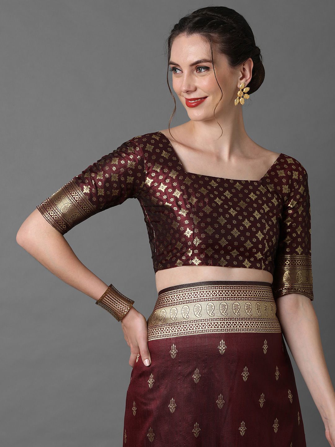 Mitera Brown & Gold-Coloured Ethnic Motifs Woven Design Silk Blend Banarasi Saree