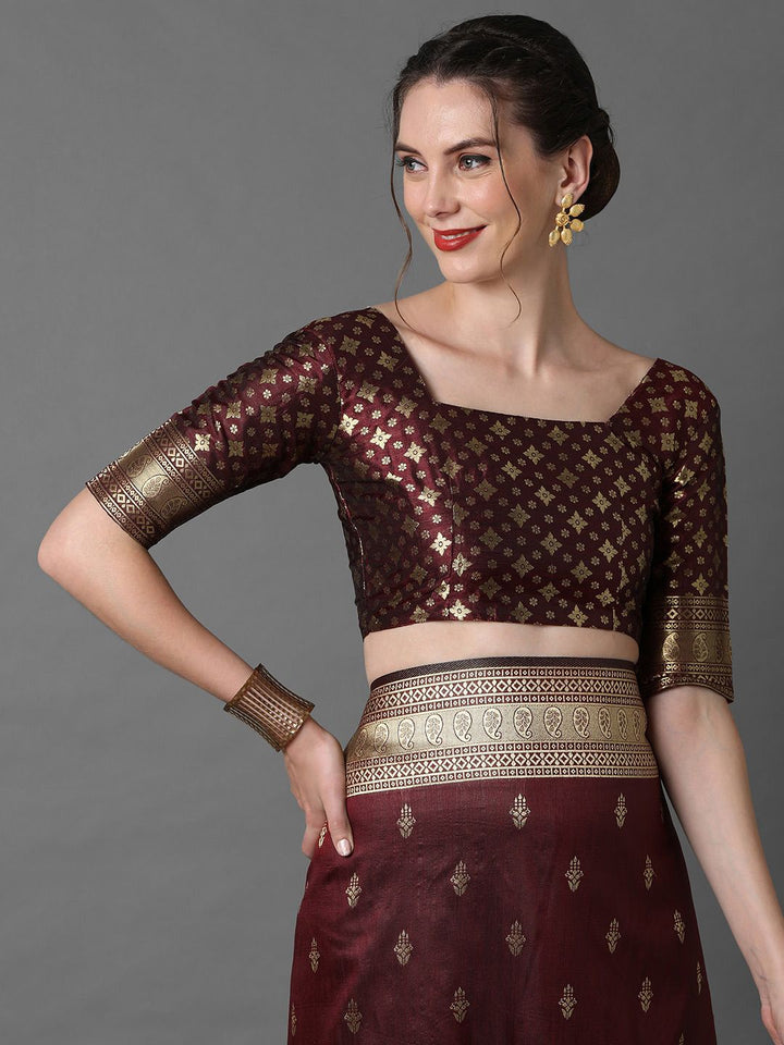 Mitera Brown & Gold-Coloured Ethnic Motifs Woven Design Silk Blend Banarasi Saree