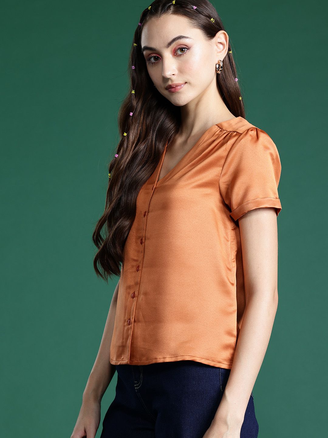 DressBerry Satin-Finish V-Neck Shirt Style Top