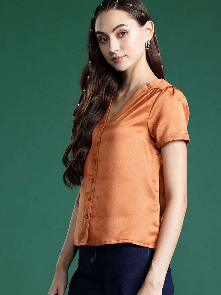 DressBerry Satin-Finish V-Neck Shirt Style Top